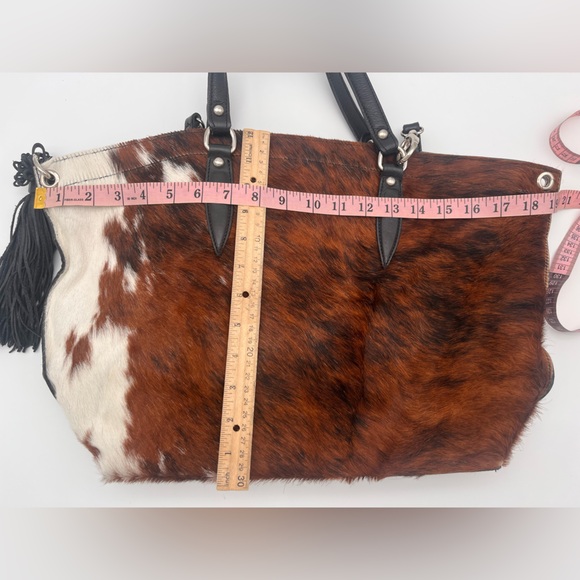 SOLD Pulicati Black Leather Bag pony hair cow print, tassel - Picture 9 of 10